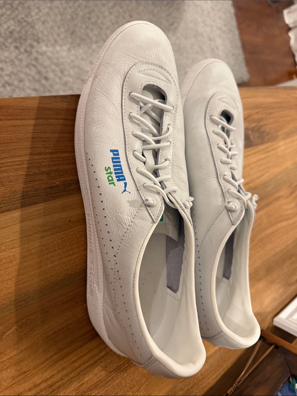 Puma White Leather Athletic Sneakers with Blue & Green Logo